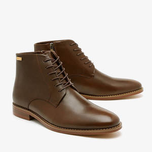 מגף עור לגבר משולב שרוכים חלקים ורוכסן בצד לנעילה נוחה וקלה בצבע חום| 39-48 | FRANCO BANE SY01