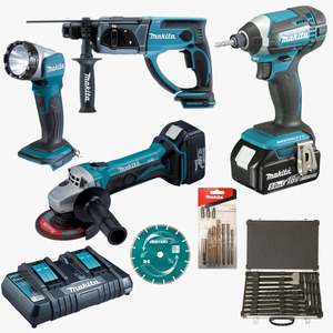 סט ליתיום 18V אימפקט + פטישון + משחזת + פנס 2 סוללות 5AH מטען כפול MAKITA